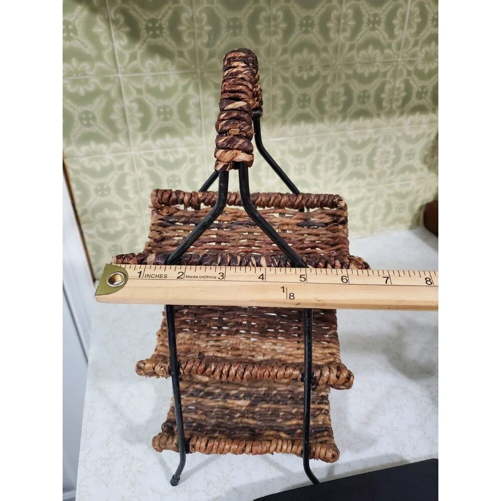 Black Wrought Iron and Woven Brown Rattan 3 Tiered Wine Rack - Holds 3 Bottles